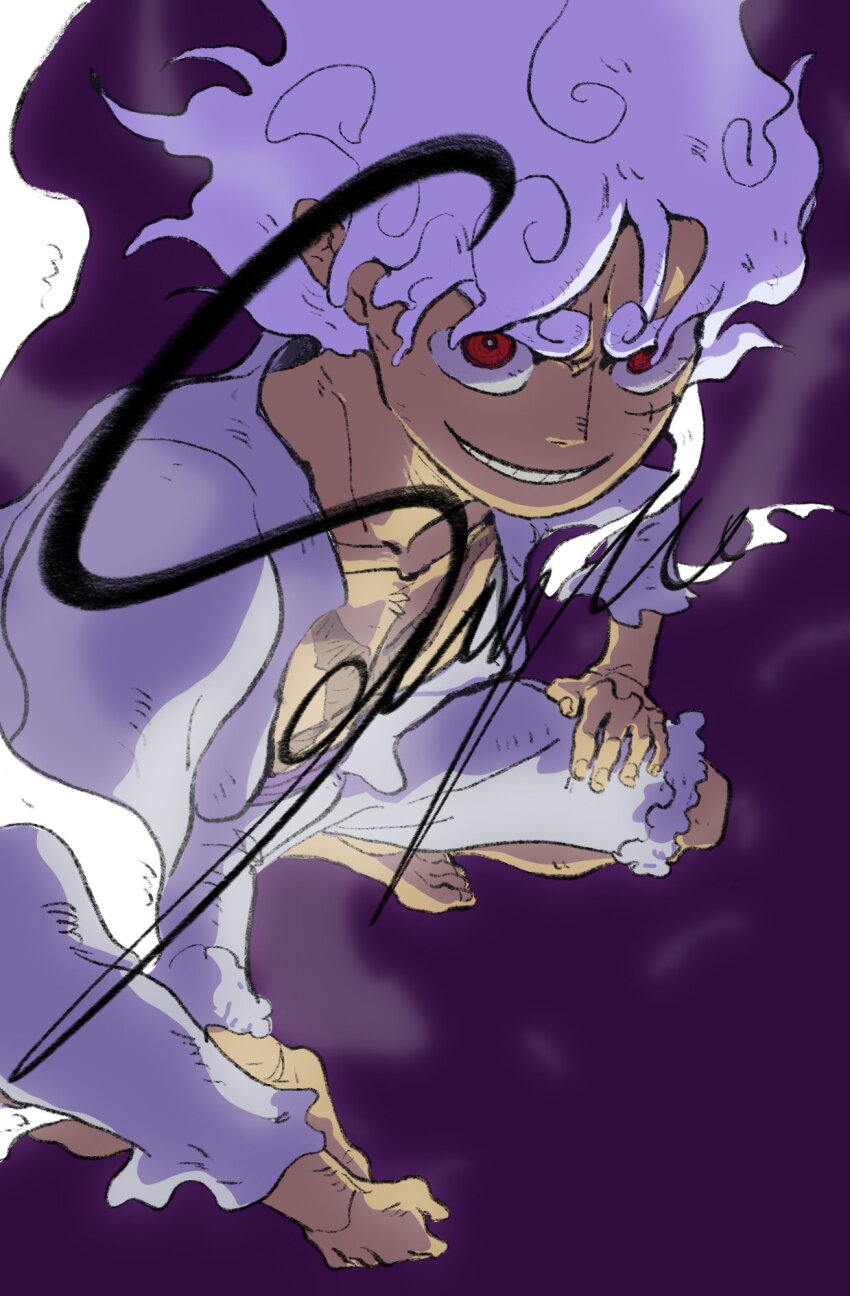 1boy barefoot fengcheche hagoromo hair_up highres looking_at_viewer male_focus monkey_d._luffy one_piece purple_background red_eyes sample_watermark scar scar_on_face shawl shirt shorts smile solo thick_eyebrows watermark white_hair white_shirt white_shorts