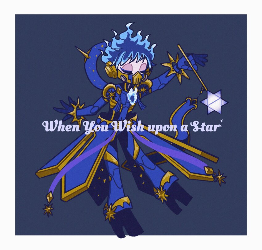 1boy black_background blue_hair closed_eyes commentary english_text fiery_hair full_body highres holding holding_wand male_focus mask ortho_shroud pinocchio_(disney_movie) respirator short_hair simple_background solo symbol-only_commentary tbr0009 twisted_wonderland wand