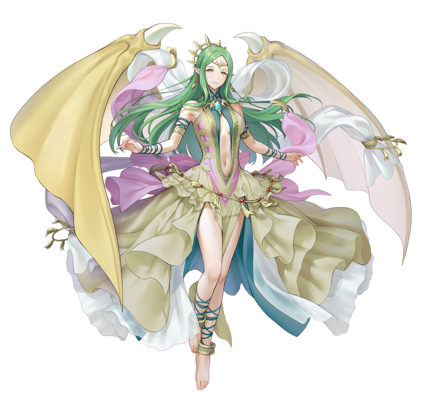 1girl absurdres anklet armlet barefoot breasts cleavage clothing_cutout dragon_girl dragon_wings dragonstone dress earrings fire_emblem fire_emblem:_mystery_of_the_emblem fire_emblem:_shadow_dragon_and_the_blade_of_light fire_emblem_heroes floating green_dress green_eyes highres jewelry light_smile long_hair looking_at_viewer naga_(fire_emblem) naga_(ruler_of_dragons)_(fire_emblem) navel navel_cutout ne-on nintendo official_alternate_costume official_art pendant plunging_neckline pointy_ears shawl small_breasts solo tachi-e tiara transparent_background wings