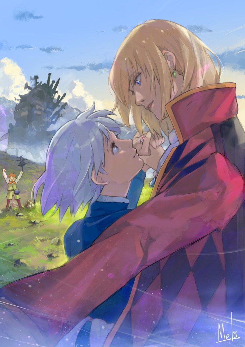 1girl 2boys absurdres arms_up blonde_hair blue_eyes blue_sky brown_hair child closed_mouth cloud day diamond_(shape) dog earrings field grass grey_hair hand_grab heen high_collar highres howl_(howl_no_ugoku_shiro) howl_no_ugoku_shiro jacket jewelry kakashi_no_kabu kyuuba_melo long_sleeves looking_at_another looking_down looking_up markl medium_hair mountain multiple_boys nature open_clothes open_jacket outdoors parted_lips rock short_hair signature sky sophie_(howl_no_ugoku_shiro) standing witch_of_the_waste