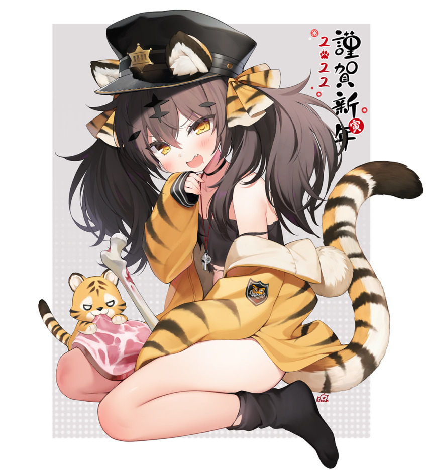 1girl :d animal animal_ears animal_print bare_shoulders black_choker black_hair black_hat black_socks blood bone brown_eyes brown_jacket byulzzi chinese_zodiac choker collarbone commentary_request ears_through_headwear fang food full_body grey_background hair_between_eyes hand_up hat highres jacket long_hair long_sleeves looking_at_viewer meat nengajou new_year off_shoulder open_mouth original peaked_cap puffy_long_sleeves puffy_sleeves revision seiza sitting sleeves_past_wrists smile socks solo tail tiger tiger_ears tiger_girl tiger_print tiger_tail translated twintails two-tone_background v-shaped_eyebrows whistle whistle_around_neck white_background year_of_the_tiger