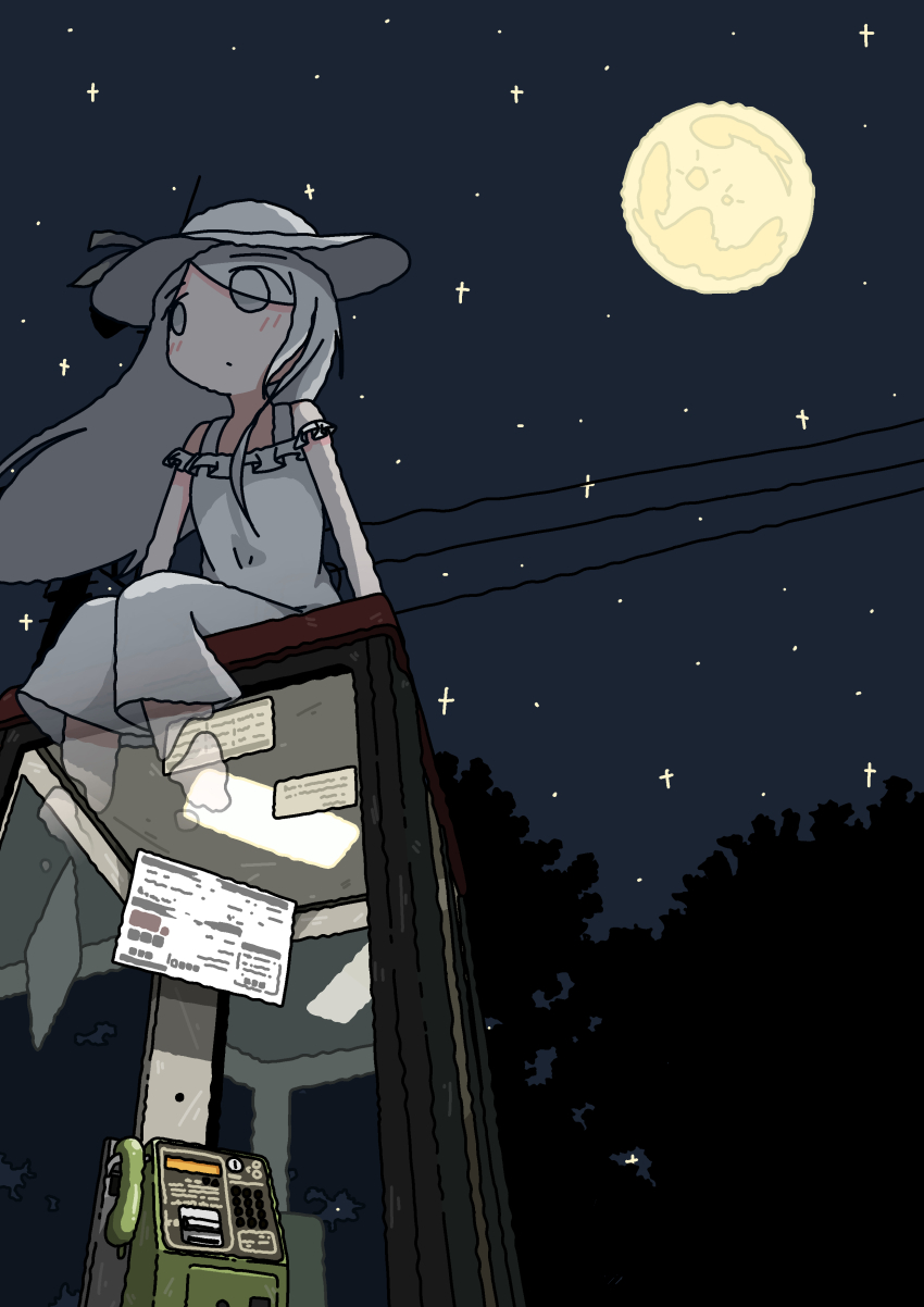 1girl absurdres emesan_desu frilled_shirt frills full_moon ghost hat highres long_hair moon night original pants payphone phone phone_booth shirt sitting sky sleeveless sleeveless_shirt star_(sky) starry_sky white_hair white_hat white_pants white_shirt