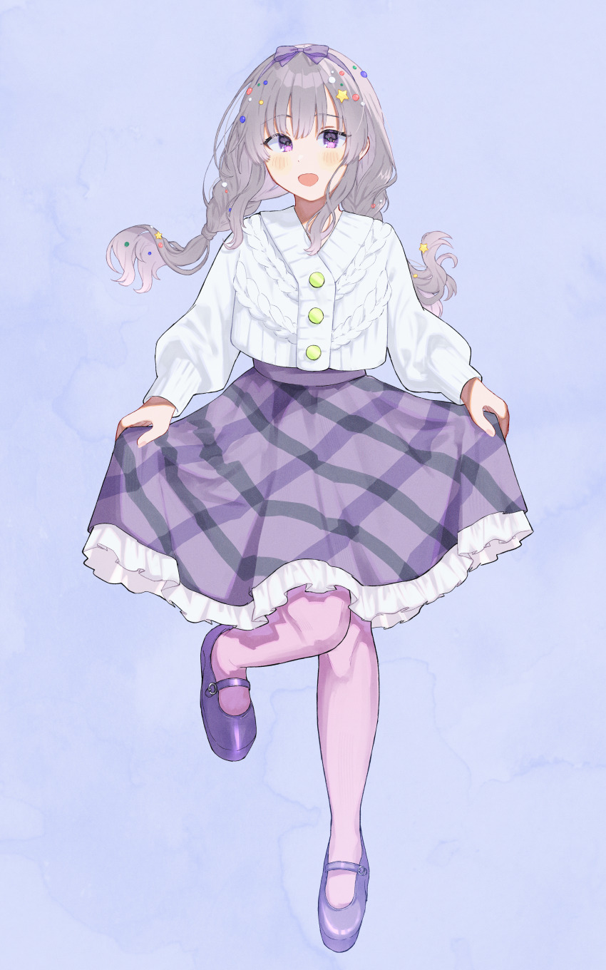 1girl 965ma_mogumogu absurdres blue_background blunt_bangs border bow braid buttons cable_knit cardigan commentary dot_nose eyelashes foot_up frilled_skirt frills full_body grey_hair hair_ribbon hairband highres idolmaster idolmaster_shiny_colors light_blush long_hair long_sleeves looking_at_viewer low_twin_braids mary_janes open_mouth pantyhose pink_pantyhose purple_bow purple_eyes purple_hairband purple_pantyhose purple_skirt ribbon shoes simple_background skirt skirt_hold smile solo twin_braids white_cardigan yukoku_kiriko