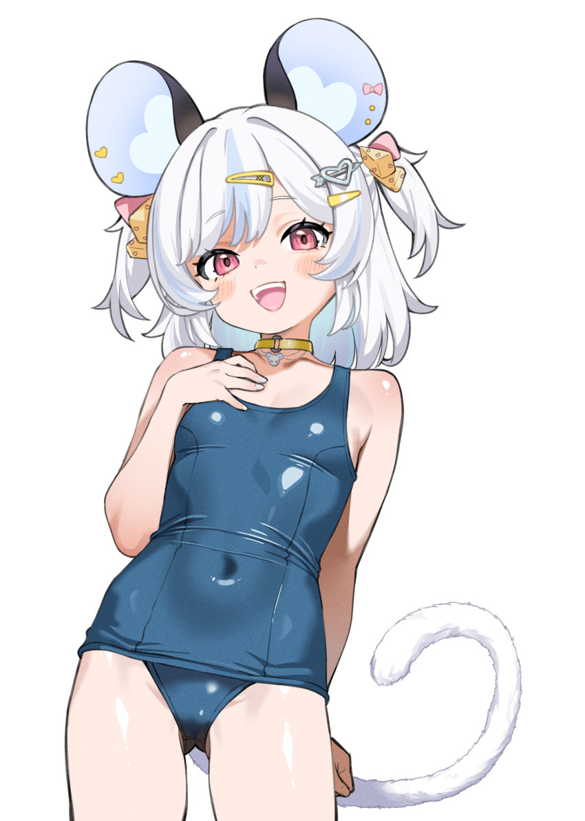 1girl :d absurdres animal_ear_piercing animal_ears arm_behind_back blue_hair blue_one-piece_swimsuit cheese_hair_ornament choker collarbone commission covered_navel cowboy_shot flat_chest food-themed_hair_ornament hair_ornament hairclip heart heart_hair_ornament highres indie_virtual_youtuber itinana looking_at_viewer medium_hair mouse_ears mouse_girl mouse_tail multicolored_hair nemimi_yane one-piece_swimsuit open_mouth pink_eyes school_swimsuit second-party_source skeb_commission smile solo streaked_hair swimsuit tail teeth two-tone_hair two_side_up upper_teeth_only variant_set virtual_youtuber white_background white_hair yellow_choker