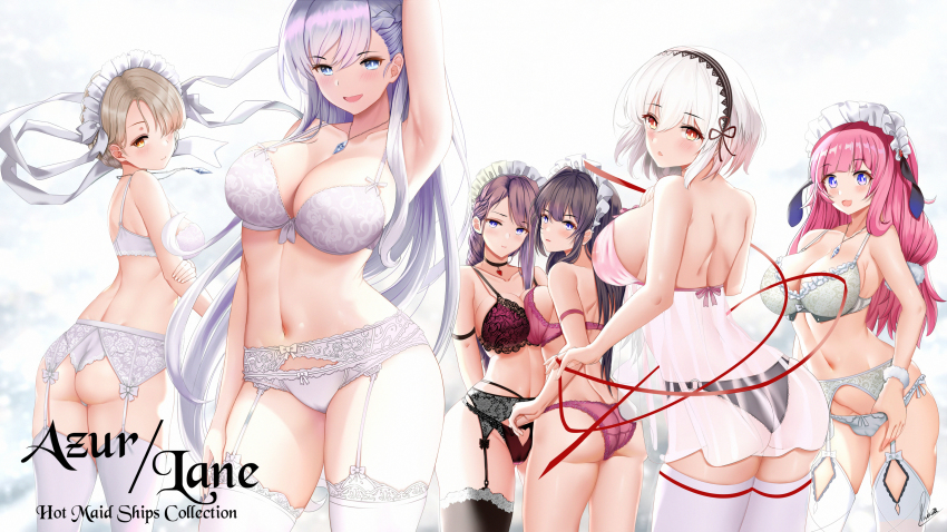 6+girls absurdres arm_up armpits ass azur_lane babydoll belfast_(azur_lane) black_hair black_legwear blonde_hair blue_eyes blue_gemstone blush bra braid breasts chain choker cleavage collar collarbone curacoa_(azur_lane) curlew_(azur_lane) french_braid frills garter_belt garter_straps gem groin hair_between_eyes hair_over_one_eye hairband highres holding_own_arm jewelry lace-trimmed_hairband lace_trim large_breasts lingerie long_hair looking_at_viewer looking_back low-tied_long_hair maid_headdress multiple_girls navel necklace panties pink_babydoll pink_bra pink_hair pink_panties piukute062 purple_bra purple_hair red_eyes ribbon sheffield_(azur_lane) short_hair side_braid sidelocks sirius_(azur_lane) smile stomach suffolk_(azur_lane) suffolk_(retrofit)_(azur_lane) underwear underwear_only white_bra white_hair white_panties yellow_eyes