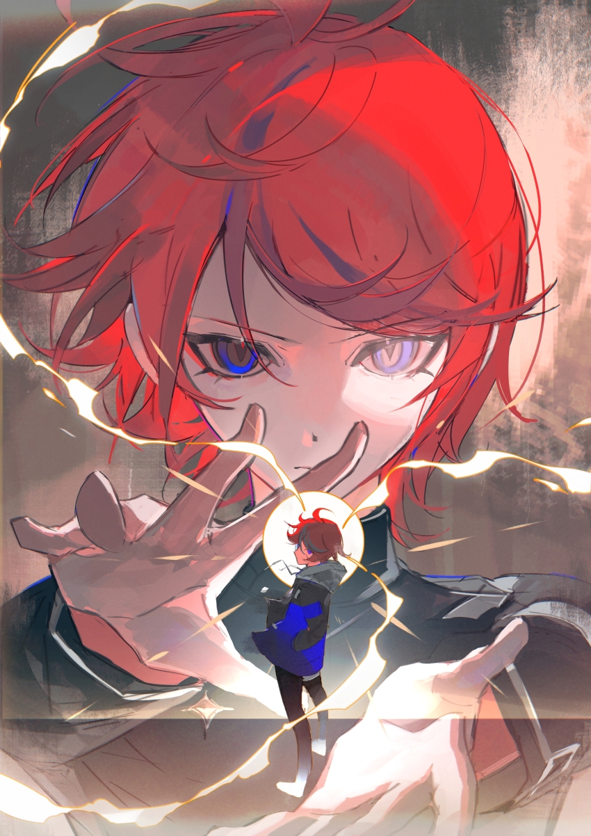 1boy absurdres ahoge black_pants black_streaks blue_eyes blue_jacket cathon613 chinese_commentary gakuran grey_background grey_jacket halo highres hood hoodie jacket last_defense_academy_school_uniform looking_at_viewer male_focus multicolored_hair multicolored_jacket outstretched_arms outstretched_hand pants projected_inset red_hair school_uniform short_hair streaked_hair sumino_takumi the_hundred_line_-last_defense_academy- two-tone_jacket white_hoodie