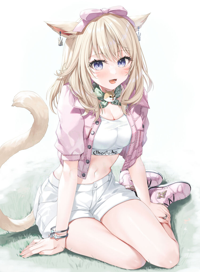 1girl animal_ears artist_name blonde_hair blue_eyes blush bow bracelet breasts cat_ears cat_tail cleavage commentary commission crop_top cropped_jacket earrings facial_mark final_fantasy final_fantasy_xiv hair_bow hair_ribbon highres jacket jewelry long_hair looking_at_viewer medium_breasts midriff miqo&#039;te navel neckerchief open_clothes open_jacket open_mouth pink_jacket ribbon shirt shoes short_shorts short_sleeves shorts sitting skeb_commission smile sneakers sports_bra stomach tail thighs twitter_username warrior_of_light_(ff14) whisker_markings white_shirt white_shorts yana_mori yokozuwari