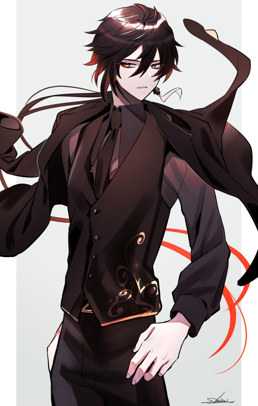 1boy alternate_costume black_gloves black_necktie black_pants black_vest brown_hair coat coat_on_shoulders commentary_request earrings genshin_impact gloves gradient_hair grey_background hair_between_eyes highres jewelry long_sleeves looking_at_viewer low_ponytail male_focus multicolored_hair necktie orange_eyes orange_hair pants ponytail shisui53 single_earring solo tassel tassel_earrings vest zhongli_(genshin_impact)