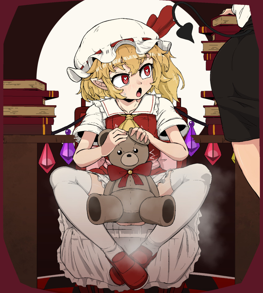 1futa 1girl ascot ass blonde_hair book bow convenient_censoring crystal crystal_wings demon_tail epic_armageddon flandre_scarlet futanari hat heart heart-shaped_pupils highres implied_ejaculation koakuma looking_at_another looking_to_the_side mob_cap puffy_sleeves red_eyes red_shoes shoes short_sleeves side_ponytail sitting solo_focus steam stuffed_animal stuffed_toy sweat symbol-shaped_pupils tail teddy_bear testicles thighhighs touhou white_thighhighs wings yellow_ascot