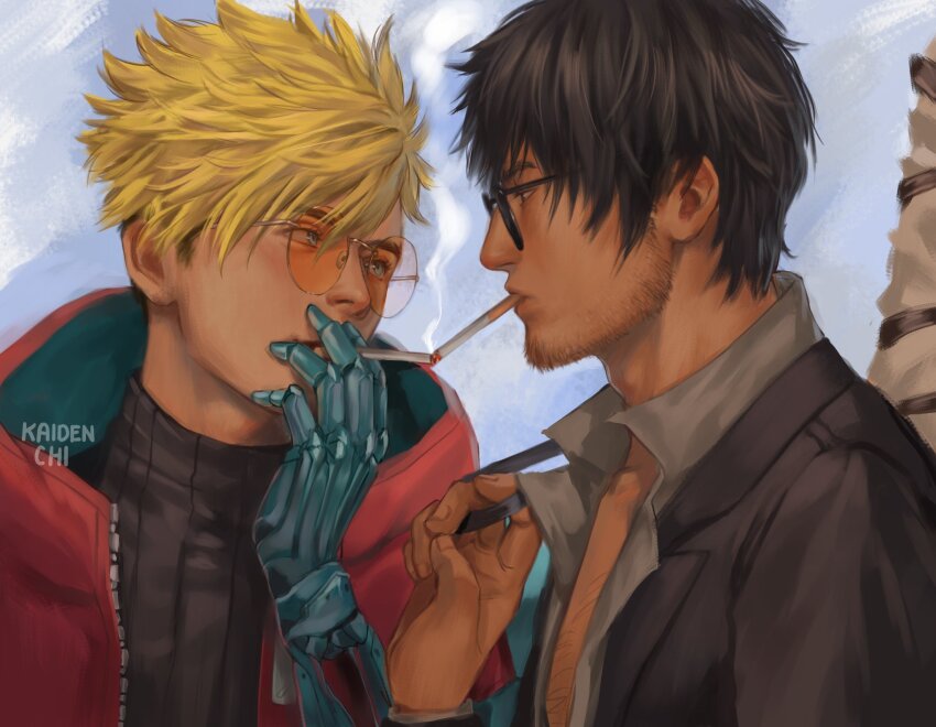 2boys arm_up black_hair black_jacket black_shirt blonde_hair blue_eyes cigarette closed_mouth coat collared_shirt commentary cross_punisher english_commentary facial_hair fingernails glasses grey_shirt hand_on_own_face highres hood hood_down jacket kaidenchii lapels male_focus multicolored_coat multicolored_hair multiple_boys nicholas_d._wolfwood notched_lapels open_clothes open_jacket open_shirt orange-tinted_eyewear profile prosthesis prosthetic_arm red_coat rimless_eyewear shirt short_hair sideburns smoke smoke_trail smoking suit_jacket sunglasses tinted_eyewear trigun trigun_stampede turtleneck two-tone_coat two-tone_hair unzipped upper_body vash_the_stampede wing_collar zipper