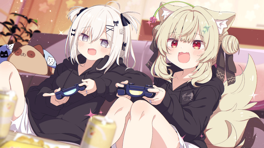 2girls absurdres animal_ear_fluff animal_ears black_hoodie blonde_hair blush commission controller couple double_bun dualshock fang game_controller gamepad grey_eyes hair_between_eyes hair_bun highres holding holding_controller holding_game_controller hood hoodie jewelry knees multiple_girls original playstation_controller red_eyes ring shiro9jira skeb_commission skin_fang tail vrchat white_hair yuri