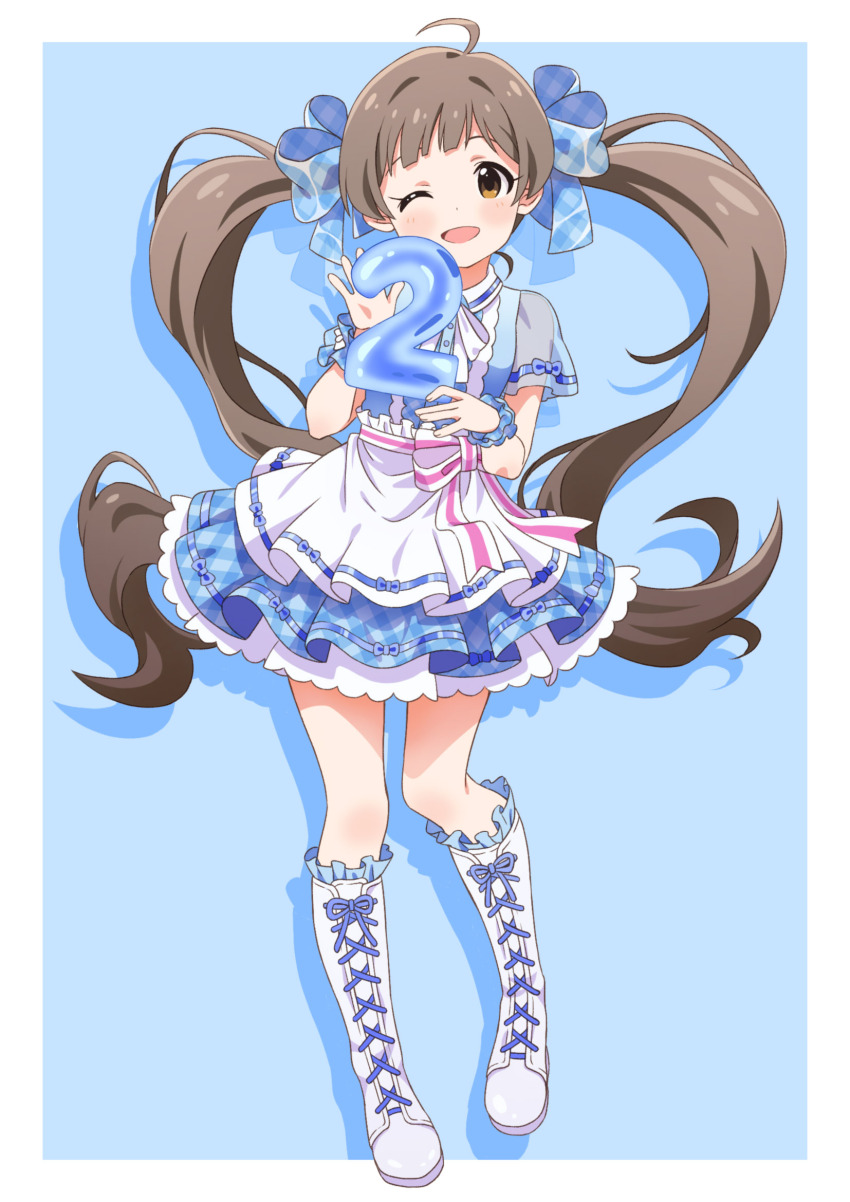 1girl ;d ahoge apron balloon blue_background blue_bow blue_dress blue_theme blue_wrist_cuffs blush boots border bow bowtie brown_eyes brown_hair center_frills collared_dress commentary_request countdown dot_nose dress frills full_body gingham gingham_bow gingham_dress goma_konbu hair_bow hakozaki_serika hands_up head_tilt highres holding holding_balloon idolmaster idolmaster_million_live! knee_boots lace-up_boots lone_nape_hair long_hair looking_at_viewer number_balloon one_eye_closed open_mouth outside_border petticoat raised_eyebrows ribbon see-through_clothes see-through_sleeves shadow short_dress short_sleeves smile solo striped_ribbon swept_bangs tareme twintails very_long_hair waist_apron waist_bow white_boots white_border white_bow white_bowtie white_ribbon wrist_cuffs