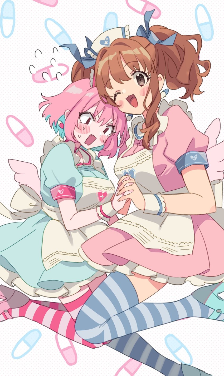 2girls angel_wings apron armband blue_dress blue_footwear blush_stickers breasts brown_hair cosplay dress earrings fake_wings fang frilled_apron frills from_side hair_ribbon hat heart heart_print high_heels highres holding_hands idolmaster idolmaster_cinderella_girls idolmaster_cinderella_girls_starlight_stage jewelry large_breasts looking_at_viewer looking_down moroboshi_kirari multicolored_hair multiple_girls nurse_cap official_alternate_costume one_eye_closed open_mouth petticoat pill_background pill_earrings pink_dress pink_shoes polka_dot polka_dot_background puffy_short_sleeves puffy_sleeves ribbon shoes short_sleeves skin_fang sparkle_print striped sukoyaka_(100hituzi) thighhighs two-tone_hair v-shaped_eyebrows white_apron wide-eyed wings wrist_cuffs yumemi_riamu yumemi_riamu_(cosplay)