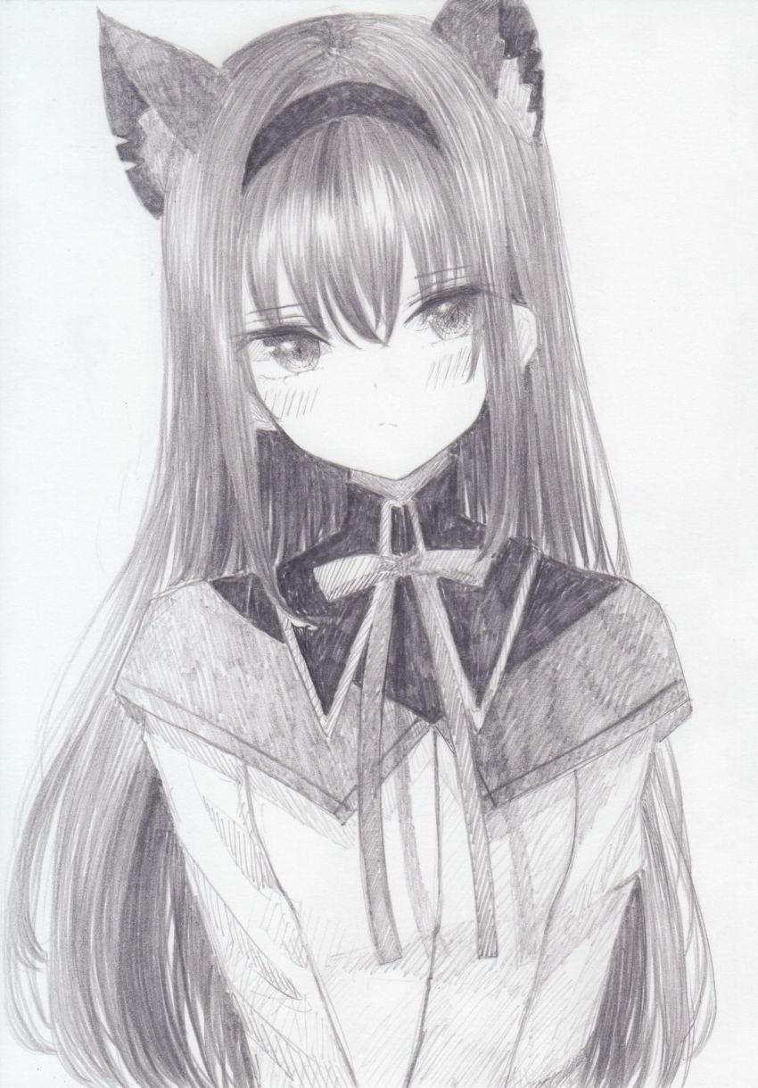 1girl akemi_homura akemi_homura_(magical_girl) animal_ears black_hair blush capelet cat_ears commentary_request darkkanan flat_chest graphite_(medium) hairband highres long_hair magical_girl mahou_shoujo_madoka_magica mahou_shoujo_madoka_magica_(anime) monochrome ribbon simple_background solo traditional_media white_background