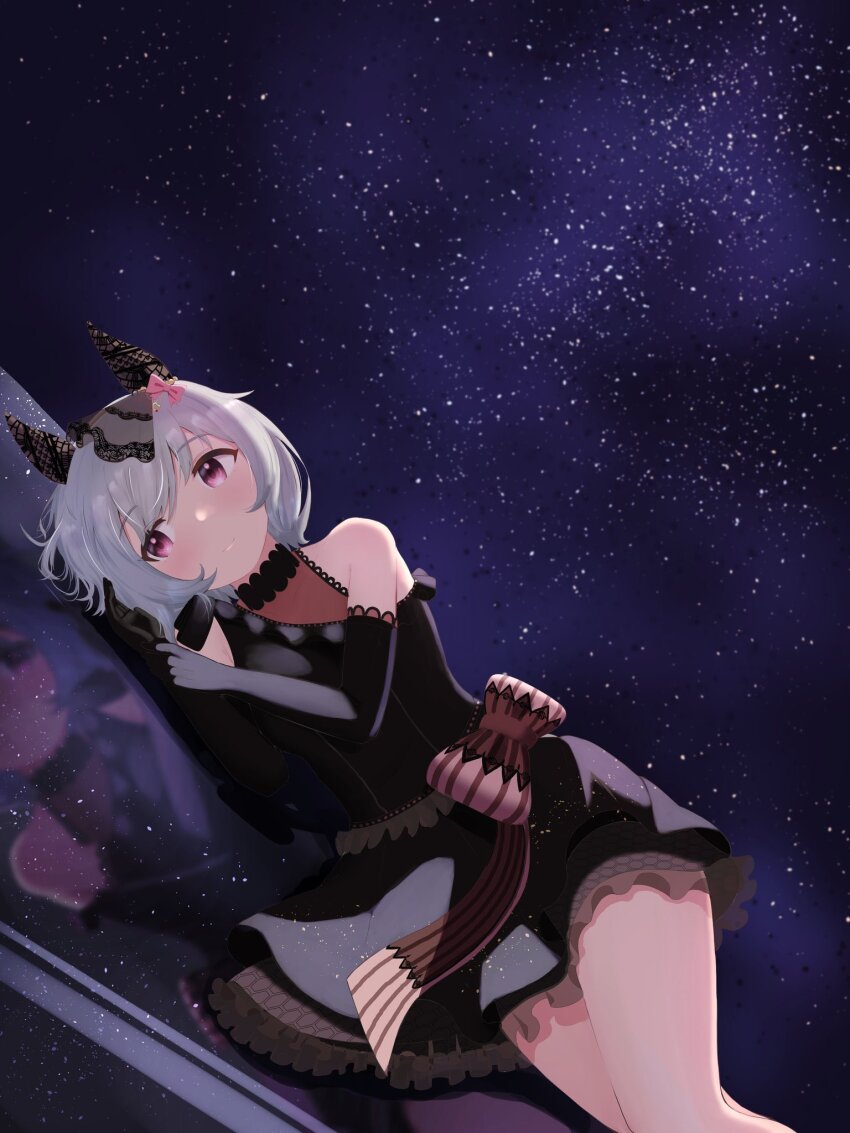 1girl animal_ears bare_shoulders black_dress black_gloves bonchenpint bow breasts curren_chan_(sakutsuki_ma_cherie)_(umamusume) dress ear_covers elbow_gloves gloves grey_hair hashtag-only_commentary highres horse_ears horse_girl horse_tail lying medium_breasts official_alternate_costume on_side pink_bow purple_eyes reflection short_hair sky solo star_(sky) starry_sky tail umamusume