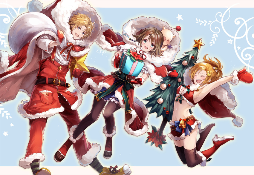 1boy blonde_hair breasts brown_hair christmas commentary_request closed_eyes final_fantasy final_fantasy_x gloves green_eyes midriff multiple_girls navel open_mouth pantyhose rikku_(ff10) sasanomesi short_hair swimsuit thighhighs tidus yuna