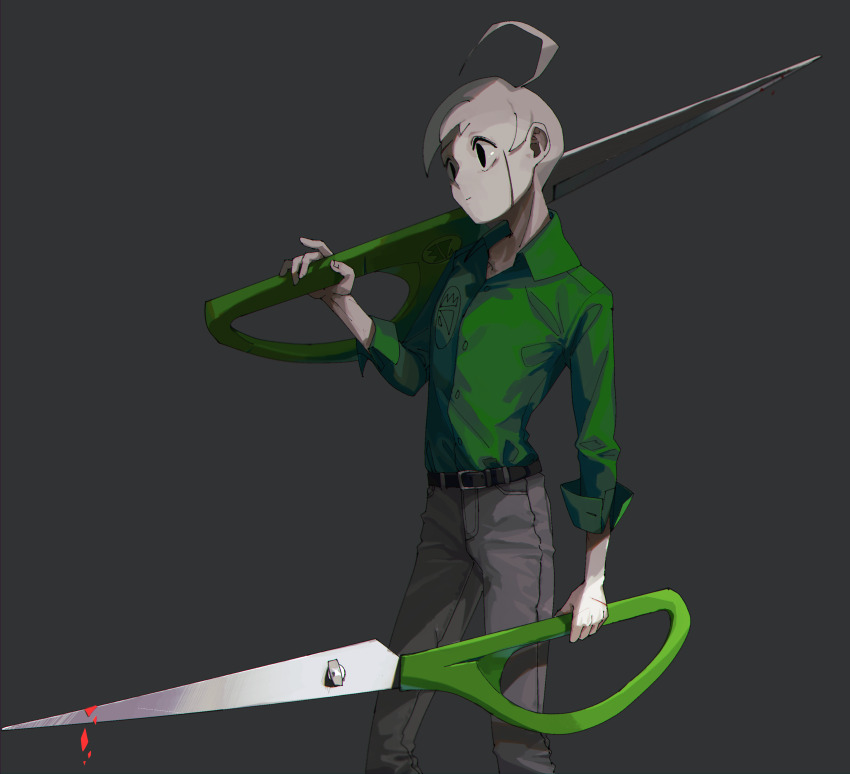 1boy absurdres ahoge asymmetrical_hair belt belt_buckle black_belt black_eyes buckle buttons closed_mouth collared_shirt colored_skin commentary_request confetti crest denim dual_wielding expressionless feet_out_of_frame green_shirt grey_background grey_pants highres holding holding_scissors jeans long_sleeves male_focus mario_(series) mumumu57hiro nintendo over_shoulder pants paper_mario paper_mario:_the_origami_king personification scar scar_on_face scar_on_hand scissors scissors_(paper_mario) shirt short_hair simple_background sleeve_cuffs solo standing weapon weapon_over_shoulder white_hair white_skin