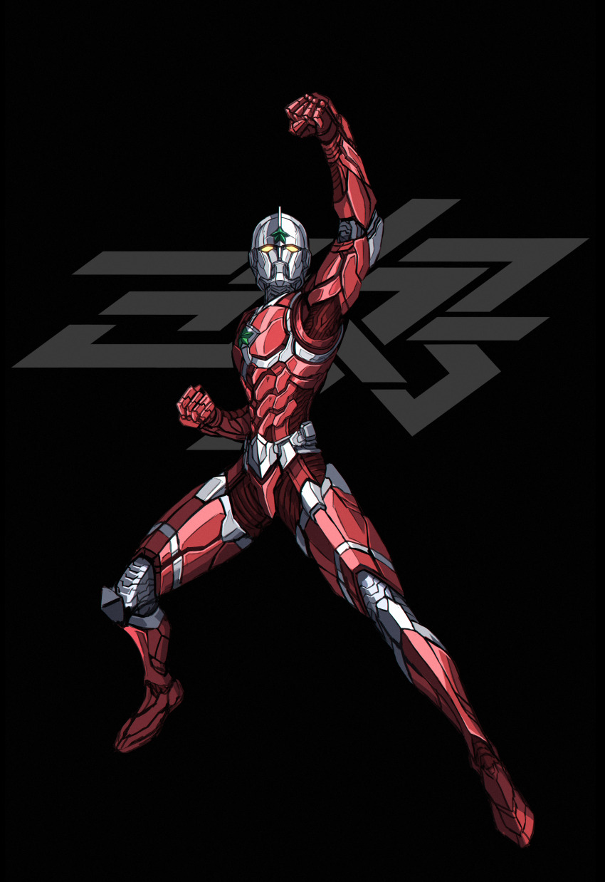 1boy 3ok absurdres alternate_universe armor clenched_hands commentary highres male_focus power_armor red_armor science_fiction solo spread_legs standing the_ultraman_(anime) thighs tokusatsu ultra_series ultraman_joneus ultraman_suit_(hero&#039;s_comics) yellow_eyes