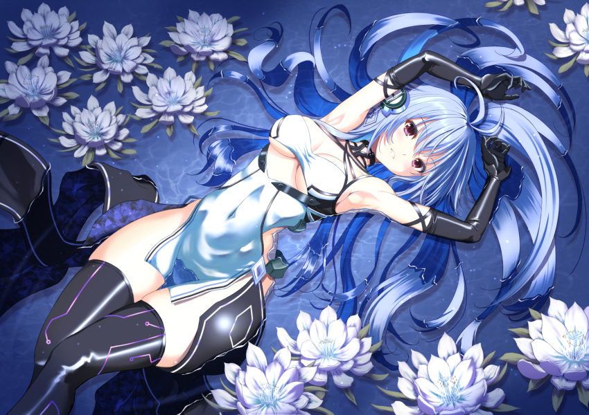 1girl afloat ahoge armpits azur_lane bandeau blue_hair breasts clothing_cutout elbow_gloves gloves hair_spread_out helena_(azur_lane) helena_(meta)_(azur_lane) highres kagura_hiromu looking_at_viewer lying lying_on_water medium_breasts on_back partially_submerged purple_eyes side_cutout smile solo thighhighs water