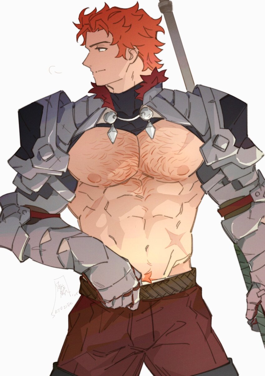 1boy abs absurdres armor bara bare_pectorals brown_eyes chest_hair closed_mouth commentary cowboy_shot english_commentary fire_emblem fire_emblem:_three_houses fur-trimmed_collar fur_trim gauntlets groin highres holding holding_polearm holding_weapon looking_to_the_side male_focus navel nintendo pants pauldrons pectorals polearm red_fur red_hair red_pants satodee scar scar_on_chest short_hair shoulder_armor simple_background smile solo standing sylvain_jose_gautier sylvain_jose_gautier_(timeskip) weapon white_background