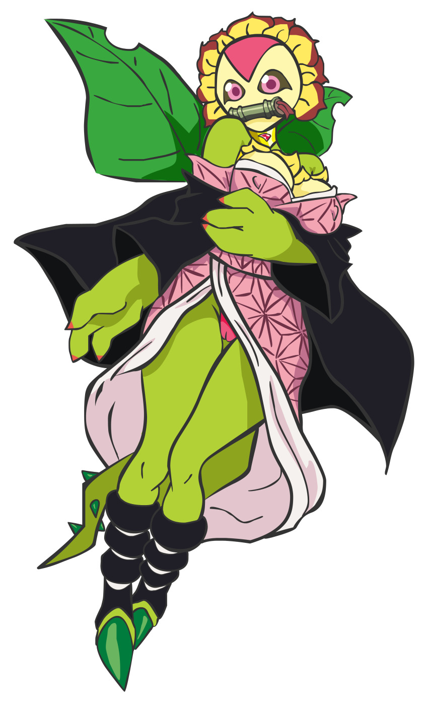 1girl absurdres cosplay digimon flower highres kamado_nezuko kamado_nezuko_(cosplay) kimetsu_no_yaiba leaf petals pink_eyes solo spikes sunflower sunflowmon tail