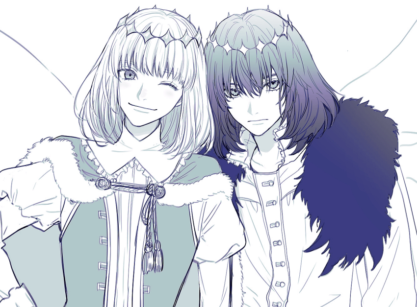 2boys buttons cape closed_mouth commentary_request crown dual_persona expressionless fate/grand_order fate_(series) fur-trimmed_cape fur_trim greyscale hair_between_eyes juliet_sleeves long_sleeves looking_at_viewer male_focus medium_hair monochrome multiple_boys oberon_(fate) oberon_(first_ascension)_(fate) oberon_(third_ascension)_(fate) one_eye_closed puffy_sleeves shirt simple_background smile tassel upper_body white_background yuta_arata