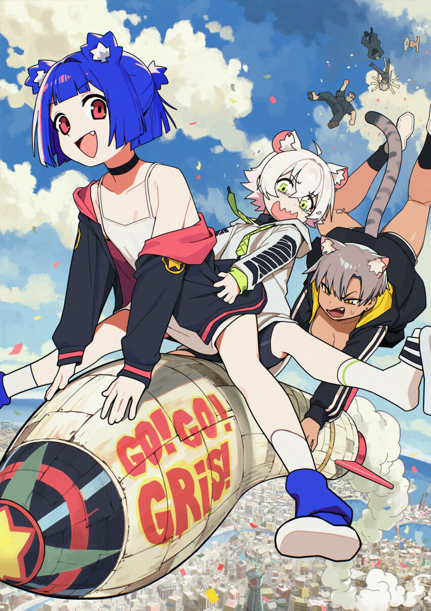 2boys 4girls absurdres angry animal_ears bear_ears bear_girl black_jacket blue_hair blue_sky breasts brown_fur brown_hair cat_ears cat_girl cat_tail city cleavage cloud cloudy_sky commentary confetti day english_commentary falling flailing frown green_eyes gris_(vertigris) highres hood hoodie jacket kara_(vertigris) large_breasts looking_at_viewer midair mouse_ears mouse_girl mouse_tail multiple_boys multiple_girls original outdoors perl_(vertigris) red_eyes rocket_ship scared shirt sky smile spacecraft tail tank_top vertigris viska_(vertigris) white_hair white_hoodie white_shirt yellow_eyes