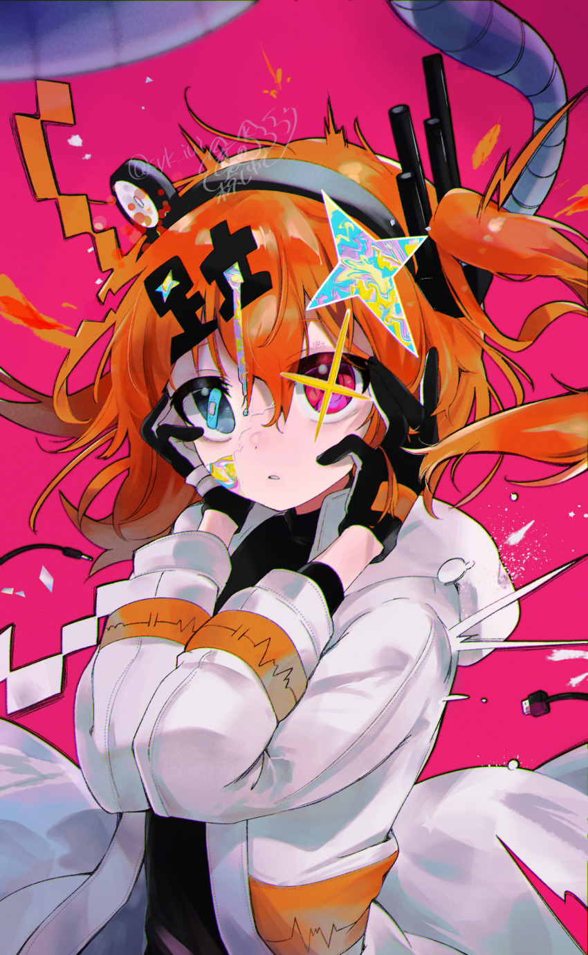 1girl a.i._voice adachi_rei alternate_eye_color alternate_hair_length alternate_hairstyle audio_jack bandaged_hand bandages bandaid_on_eye black_gloves black_shirt blurry blurry_foreground cable coat commentary_request cracked_skin diffraction_spikes dripping expressionless floating_hair gloves hands_on_own_cheeks hands_on_own_face hands_up headlamp heterochromia highres hood hood_down hooded_coat iridescent kanji_hair_ornament light_particles long_hair long_sleeves looking_at_viewer muku_shiyuki multicolored_gloves one_side_up orange_hair pink_background pixels radio_antenna shirt signature simple_background solo sparkle_hair_ornament sparkling_eyes tougenkyou_e_ikou_(utau) upper_body utau watermark white_coat white_gloves