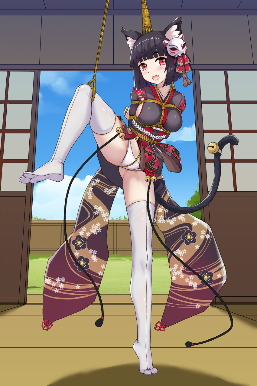 1girl :d animal_ears arms_behind_back azur_lane balancing bdsm bell black_hair black_kimono blush bondage bound bound_arms bound_fingers breast_bondage breasts cat_ears cat_girl cat_mask cat_tail commentary_request crotch_rope day fang floral_print full_body haimei1980 hair_ribbon happy highres indoors japanese_clothes kimono large_breasts leg_up legs looking_at_viewer mask mask_on_head medium_breasts medium_hair open_door open_mouth panties red_eyes red_ribbon ribbon shibari slit_pupils smile solo spread_legs standing standing_on_one_leg tabi tail tail_bell tail_ornament thighhighs thighs tiptoes underwear white_panties yamashiro_(azur_lane)
