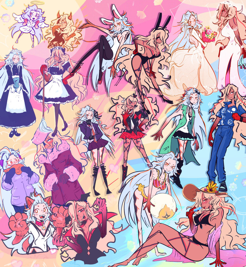 2girls :3 :d :p absurdres ai_the_somnium_files ai_the_somnium_files:_nirvana_initiative aiba_(ai_the_somnium_files) alternate_costume angel angel_wings animal_ears apron backless_dress backless_outfit ball beachball bikini black_boots black_gloves black_shoes blonde_hair blush boots bouquet bracelet braid breasts bright_pupils broom cat_ears char_(bennflynt) claw_pose cleavage_cutout clothing_cutout coat collar collarbone collared_shirt commentary contrapposto cosplay creator_connection crossed_legs danganronpa:_trigger_happy_havoc danganronpa_(series) dark-skinned_female dark_skin demon_horns demon_tail dress earmuffs english_commentary enmaided enoshima_junko enoshima_junko_(cosplay) fake_animal_ears flower food frilled_apron frilled_bikini frilled_sleeves frills full_body fur-trimmed_coat fur_trim gloves hair_between_eyes hair_over_one_eye halo hand_on_own_hip hat hat_flower head_wings heart high_heels highleg highleg_leotard highres holding holding_broom horns jewelry kirigiri_kyoko kirigiri_kyoko_(cosplay) kyokugen_dasshutsu kyokugen_dasshutsu_adv:_zennin_shibou_desu large_breasts leotard long_hair long_sleeves maid maid_headdress miniskirt mole mole_on_breast multicolored_hair multiple_girls necklace necktie one_eye_closed open_mouth pantyhose phi_(kyokugen_dasshutsu) phi_(kyokugen_dasshutsu)_(cosplay) pitchfork playboy_bunny pleated_skirt popsicle rabbit_ears red_eyes red_hair red_necktie scarf scarf_over_mouth sharp_teeth shawl shirt shoes short_sleeves side_braid sigma_(kyokugen_dasshutsu) sigma_(kyokugen_dasshutsu)_(cosplay) skirt sleeveless small_breasts smile streaked_hair sun_hat swimsuit tail tama_(ai_the_somnium_files) teeth tongue tongue_out twintails v_arms veil very_long_hair wedding_dress white_dress white_hair white_necktie white_pupils wide_sleeves wings winter_clothes winter_coat yellow_flower