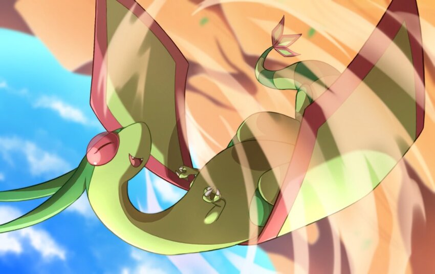 blue_sky day desert flygon gen_3_pokemon karaneko nintendo no_humans outdoors pokemon pokemon_(creature) sky solo