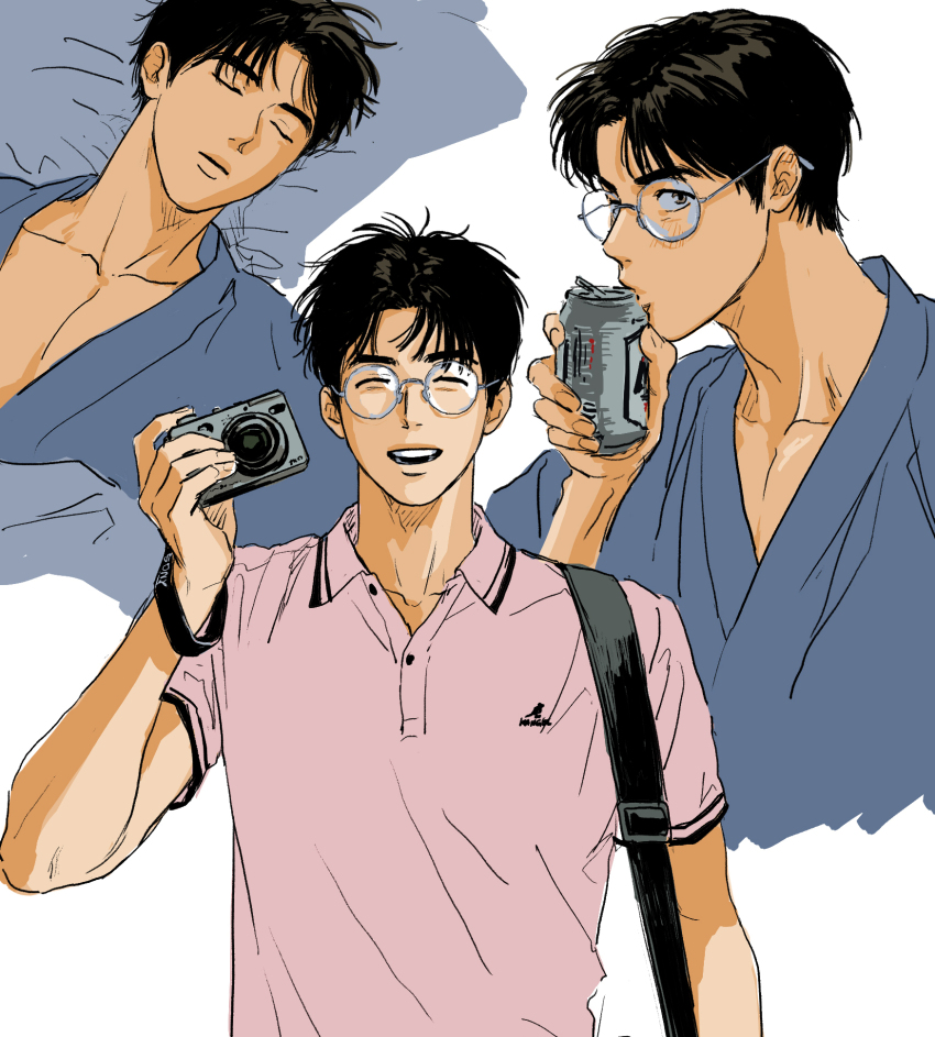 1boy arm_up beer_can black_hair blue_kimono bracelet camera can closed_eyes collarbone collared_shirt commentary_request drink drink_can glasses highres holding holding_camera holding_drink japanese_clothes jewelry kimono kogure_kiminobu korean_commentary looking_to_the_side lying male_focus multiple_views no_eyewear on_back open_collar open_mouth parted_hair pink_shirt polo_shirt qhfl_is_good shirt short_hair short_sideburns slam_dunk_(series) sleeping smile teeth upper_teeth_only wing_collar yukata