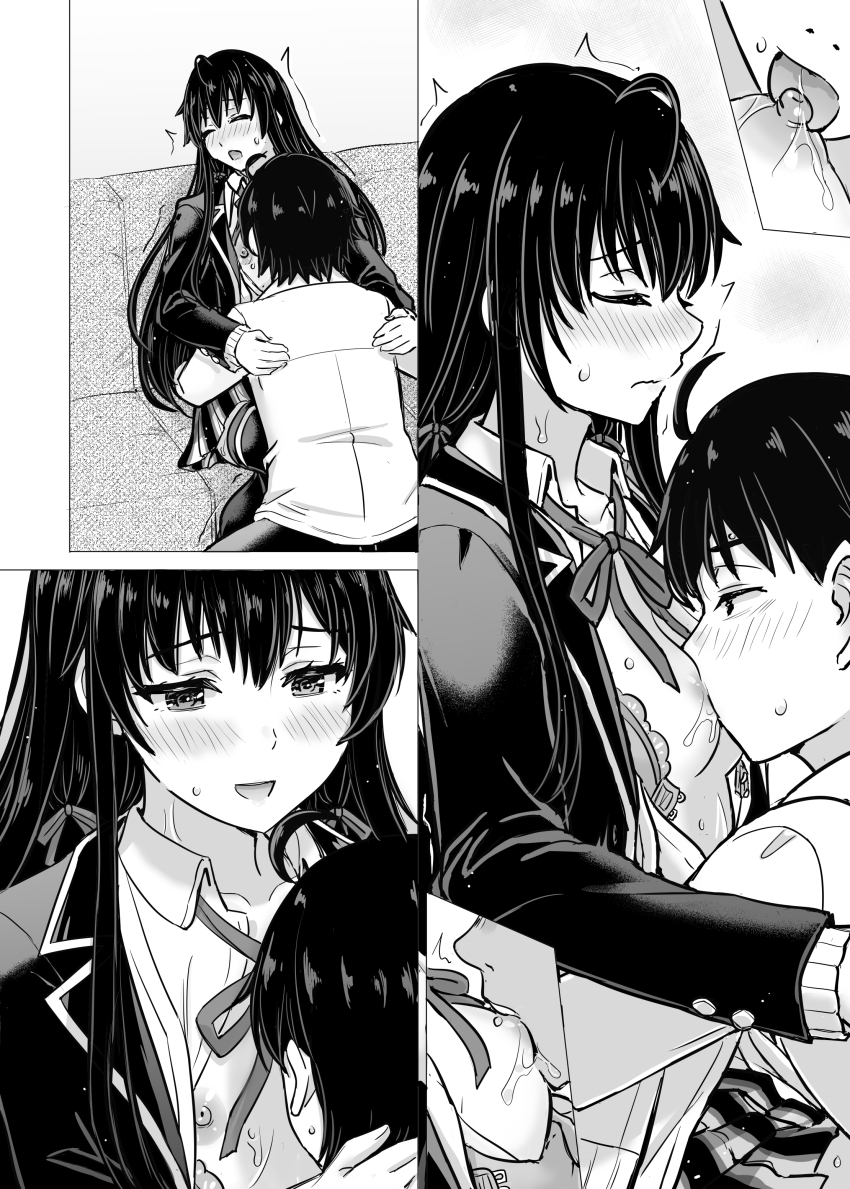 1boy 1girl absurdres blazer blush bra breast_sucking breasts front-hook_bra greyscale hair_ribbon highres hikigaya_hachiman inanaki_shiki jacket long_hair monochrome multiple_views neck_ribbon nipples open_bra open_clothes open_jacket open_shirt plaid_clothes plaid_skirt ribbon school_uniform shirt short_hair skirt small_breasts sobu_high_school_uniform thighhighs underwear white_shirt yahari_ore_no_seishun_lovecome_wa_machigatteiru. yukinoshita_yukino