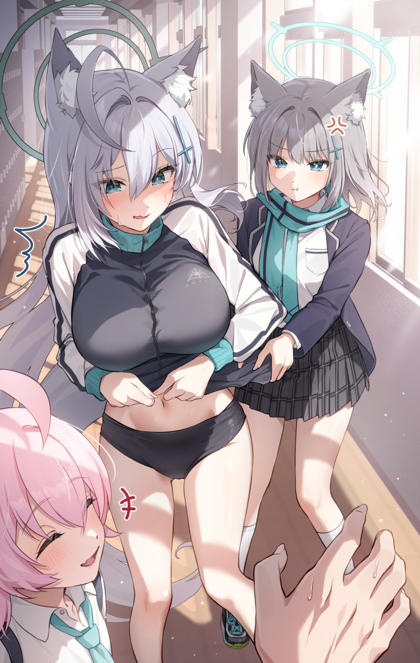1other 3girls anger_vein animal_ears aqua_halo black_buruma black_jacket blue_archive blue_halo breasts buruma closed_eyes cross cross_hair_ornament grey_hair hair_ornament hallway halo highres hoshino_(blue_archive) inverted_cross jacket large_breasts long_hair maruta_(shummylass) miniskirt mismatched_pupils multiple_girls open_mouth pink_hair pleated_skirt pov pov_hands shiroko_(blue_archive) shiroko_terror_(blue_archive) shirt short_hair skirt smile socks standing track_jacket white_shirt white_socks wolf_ears wolf_girl