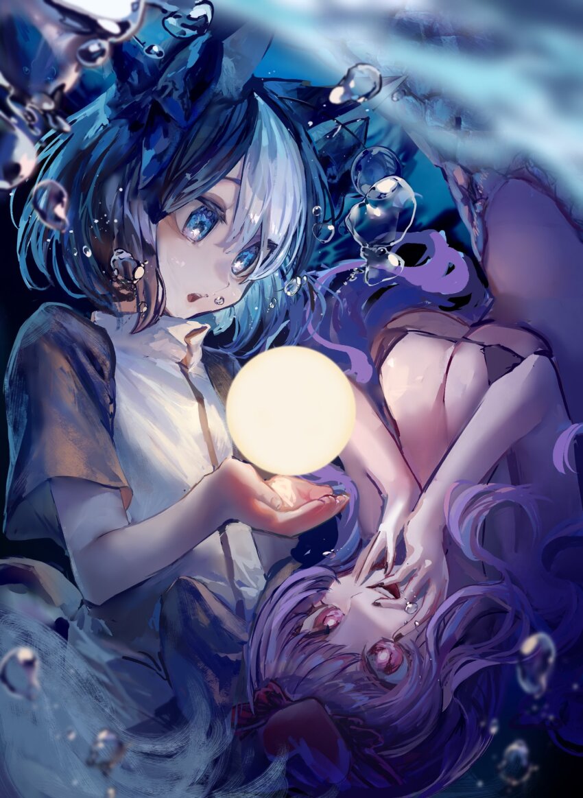 1boy 1girl animal_ears bikini black_hair black_nails blue_eyes breasts bubble furi_kusukusu hair_ornament heart heart_hair_ornament highres kokemozuku long_hair medium_breasts mermaid monster_girl moochasu_dudager multicolored_hair nail_polish open_mouth purple_hair red_eyes ribbon smile swimsuit towelket_wo_mou_ichido underwater yoru_no_umi_de_otsukisama_wo_tsuru