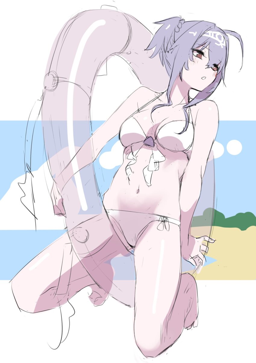 1girl :o bare_shoulders beach bikini breasts brown_eyes collarbone fune_(fune83ojj) goddess_of_victory:_nikke headband highres innertube liberalio_(nikke) light_blush medium_breasts midriff navel ocean parted_lips purple_hair sand short_hair skirt solo swim_ring swimsuit unfinished water white_bikini white_skirt