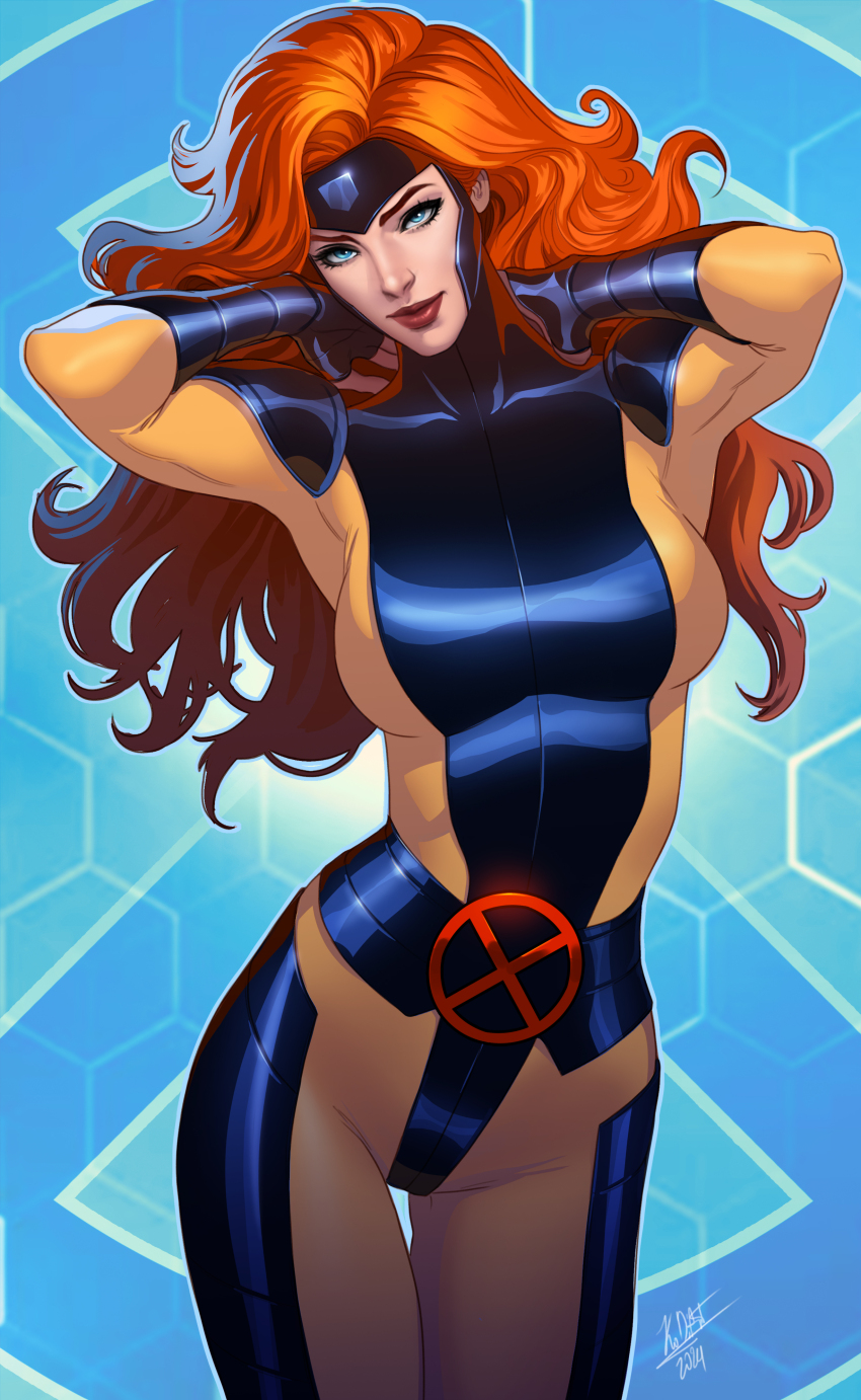 1girl absurdres black_bodysuit black_gloves blue_background blue_eyes bodysuit breasts fingerless_gloves gloves hands_on_own_neck highres jean_grey kodiart96 large_breasts long_hair looking_at_viewer marvel patterned_background red_hair signature solo superhero_costume two-tone_bodysuit x-men x-men:_the_animated_series yellow_bodysuit