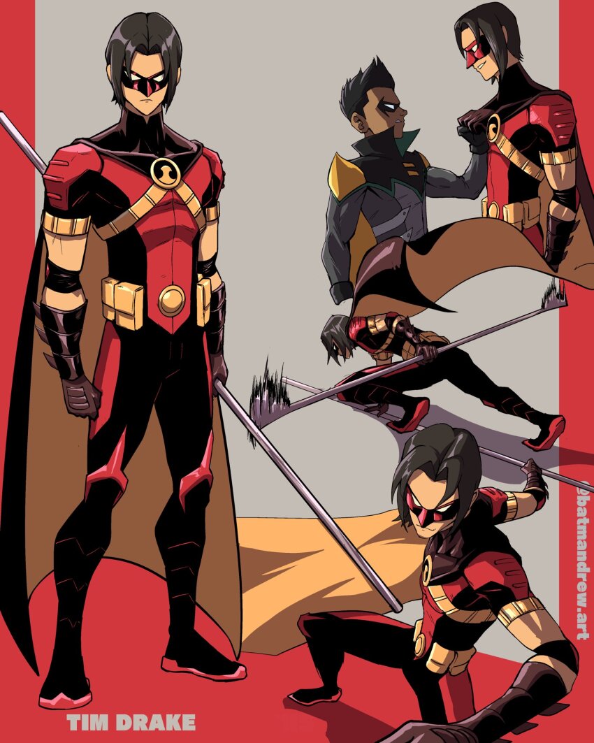 2boys artist_name batm_andrew batman_(series) black_hair cape character_name commentary damian_wayne dc_comics domino_mask english_commentary highres holding holding_staff male_focus mask motion_lines multiple_boys pouch red_robin robin_(dc) smile staff superhero_costume tim_drake toned toned_male two-sided_cape two-sided_fabric