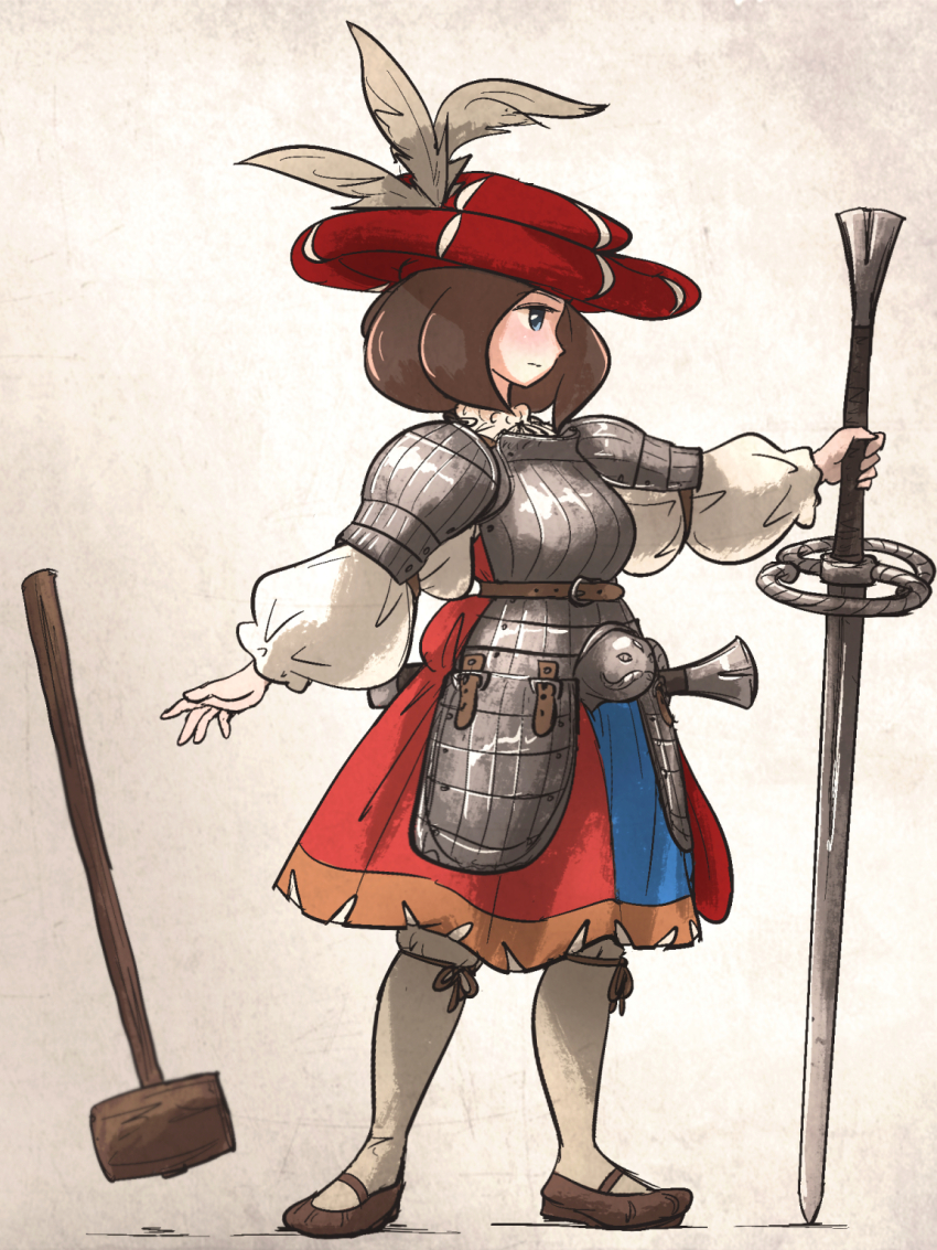 1girl armor belt blue_eyes boobplate breastplate brown_hair brown_shoes brown_trim chaperon_hat closed_mouth codpiece commentary cuirass dress english_commentary faulds greatsword hat hat_feather highres holding holding_sword holding_weapon ironlily katzbalger landsknecht landsknecht_(ironlily) long_sleeves mallet medium_hair original outstretched_arms pauldrons profile puffy_long_sleeves puffy_sleeves red_hat shirt shoes shoulder_armor simple_background socks solo standing sword two-handed_sword two-tone_dress weapon white_background white_shirt white_socks