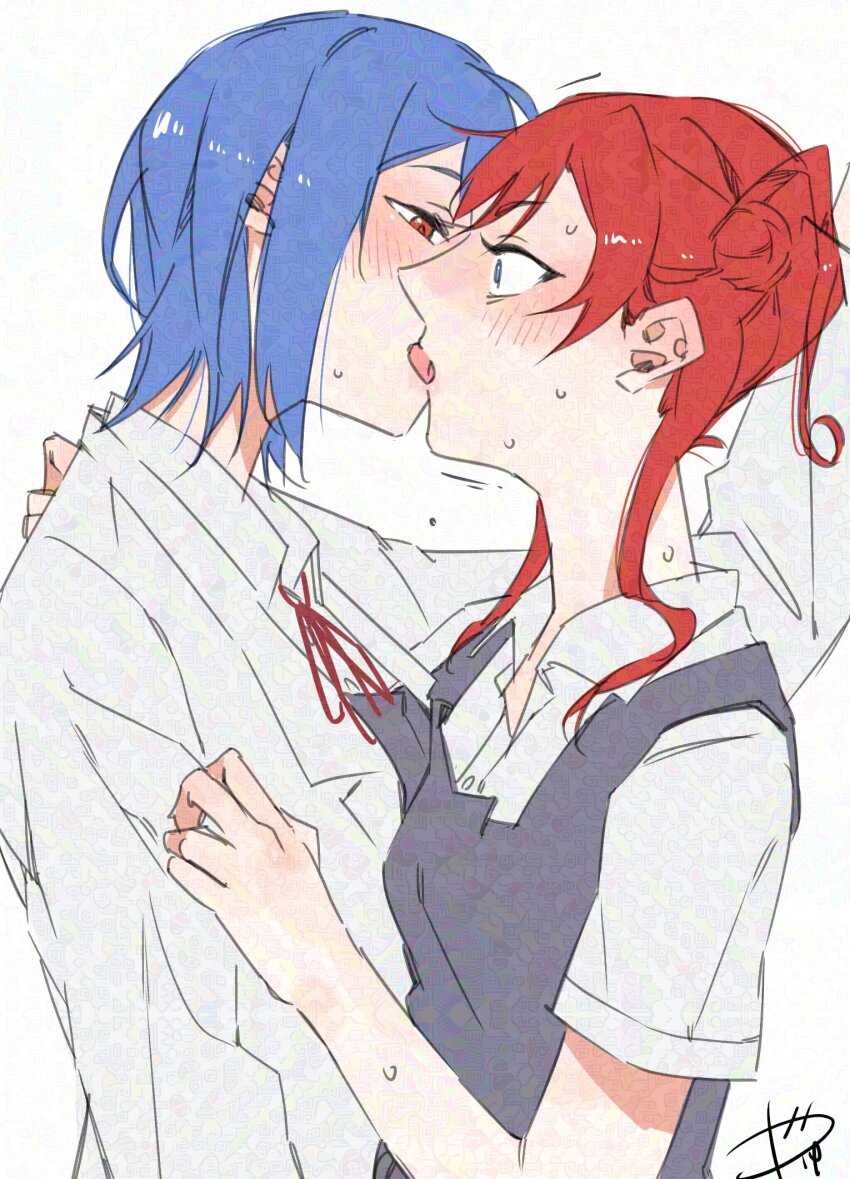 2girls adversarial_noise blue_eyes blue_hair collared_shirt commentary_request dress french_kiss grey_dress highres kiss love_live! love_live!_superstar!! multiple_girls open_mouth pinafore_dress red_eyes red_hair shirt short_hair simple_background sleeveless sleeveless_dress surfacedxxc sweat tongue tongue_out upper_body wakana_shiki white_background white_shirt yoneme_mei yuri