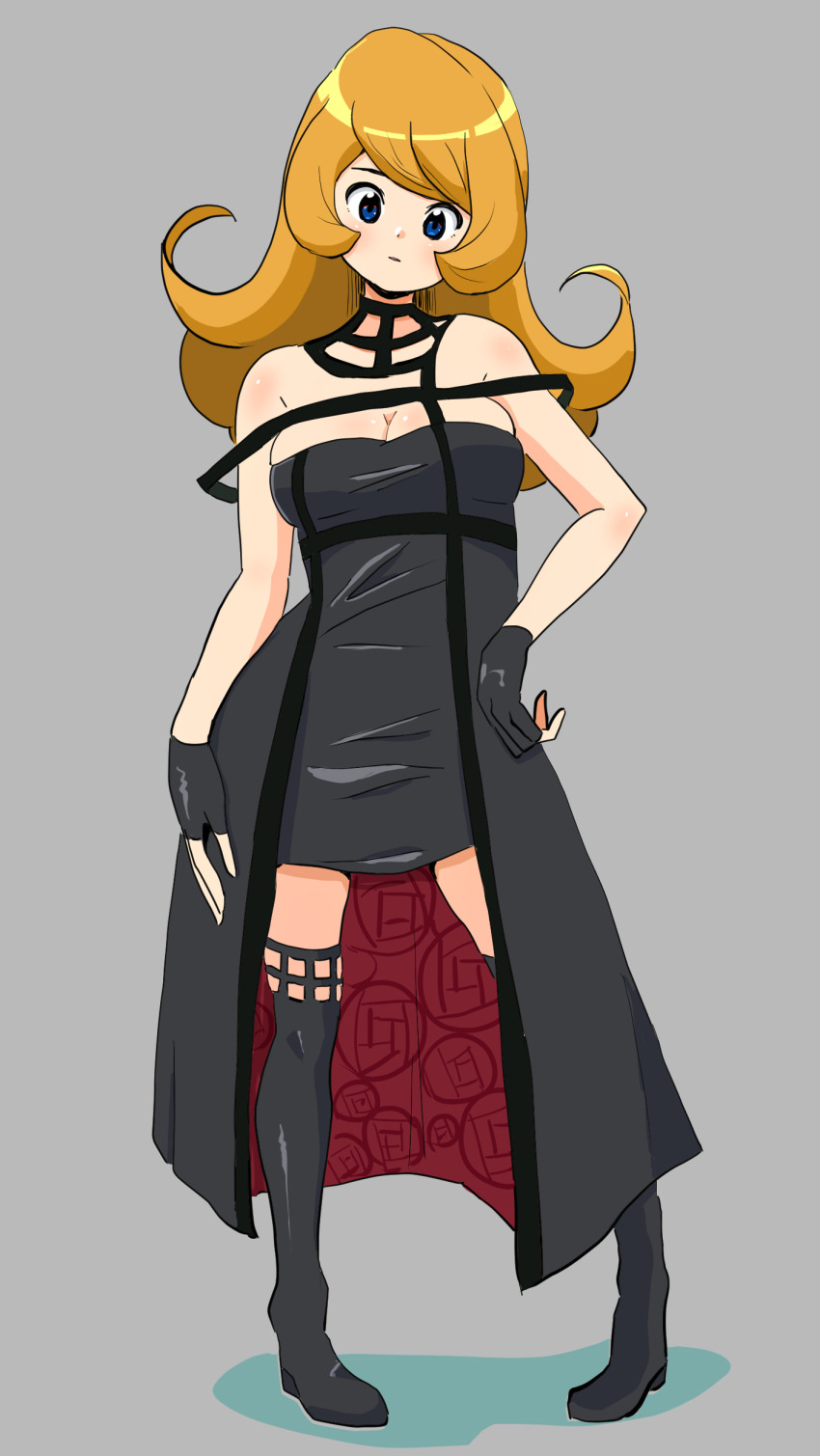 1girl absurdres bare_shoulders black_boots black_thighhighs blue_eyes boots breasts cleavage commentary_request cosplay detesu dress fingerless_gloves floral_print full_body gloves grey_background head_tilt highres medium_breasts mona_(warioware) nintendo orange_hair simple_background skindentation sleeveless sleeveless_dress solo spy_x_family standing thighhighs two-sided_dress two-sided_fabric warioware yor_briar yor_briar_(cosplay) zettai_ryouiki