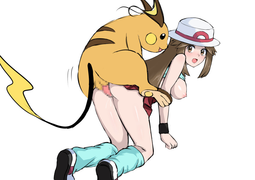 1girl 1other absurdres animal_penis ass bent_over bestiality breasts brown_eyes brown_hair censored clothing_aside gen_1_pokemon hat highres interspecies leaf_(pokemon) long_hair looking_back nintendo nipples nivi open_mouth penis pokemon pokemon_frlg pokephilia raichu sex shirt shoes skirt socks white_background wristband