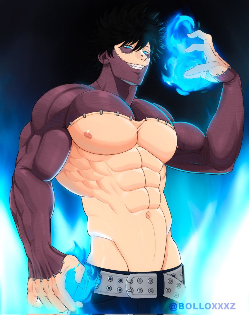 1boy abs attack aura bare_shoulders black_hair blue_eyes blue_fire boku_no_hero_academia burn_scar burning dabi_(boku_no_hero_academia) energy fire gym_uniform highres looking_at_viewer looking_down male_focus muscular muscular_arms muscular_male pectorals power pubic_hair scar short_hair smile topless_male
