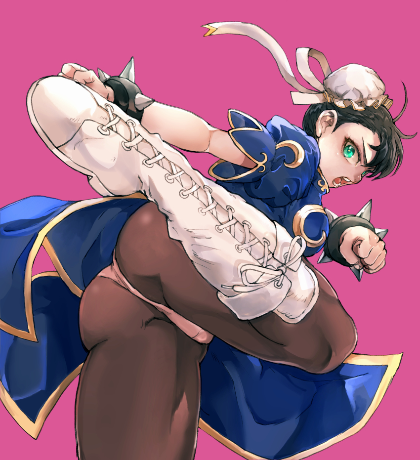 1girl ass black_hair blue_dress boots bracelet breasts brown_pantyhose bun_cover capcom china_dress chinese_clothes chun-li clenched_hands double_bun dress green_eyes hair_bun hajime_(kuninotokotatinokami) high_kick highres jewelry kicking knee_boots lace-up_boots large_breasts looking_at_viewer open_mouth panties panties_under_pantyhose pantyhose pink_background puffy_short_sleeves puffy_sleeves short_sleeves shouting solo spiked_bracelet spikes street_fighter street_fighter_ii_(series) thick_thighs thighs underwear upskirt white_boots white_panties