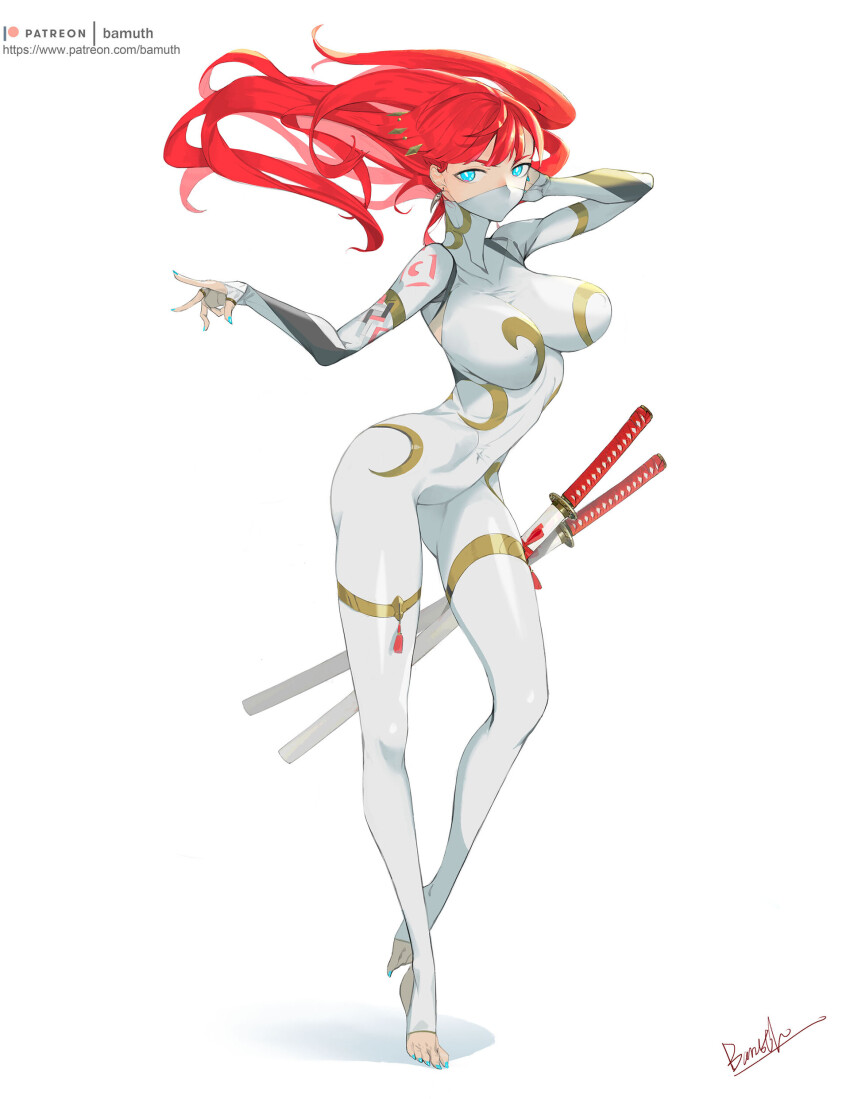 1girl absurdres assassin bamuth blue_eyes bodysuit breasts bright_pupils earrings facemask feet fingernails floating_hair full_body gold highres huge_breasts jewelry katana mask nails ninja one_leg_raised original red_hair sharp_fingernails sharp_toenails sword thighhighs tiptoes toeless_legwear toenails weapon white_background white_pupils