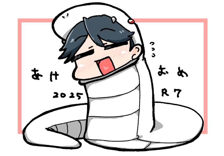 1girl 2025 =_= akeome animal_costume black_hair chinese_zodiac closed_eyes commentary_request cyama_land fang happy_new_year houshou_(kancolle) kantai_collection new_year open_mouth smile snake_costume solo translation_request year_of_the_snake