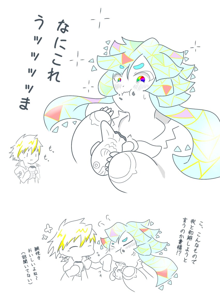digimon digimon_(creature) eating herissmon highres japanese_text personification simple_background spiral_(digimon) spiral_origin translation_request white_background