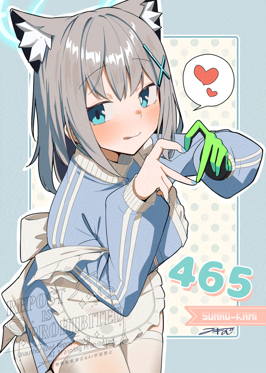 1girl absurdres akinoji_(akiponpon27) animal_ear_fluff animal_ears apron back_bow black_gloves blue_archive blue_eyes blue_halo blue_jacket blue_nails blush bow bright_pupils character_name commentary_request cross_hair_ornament fingernails four-finger_heart_hands frilled_apron frills gloves glowing green_gloves grey_hair hair_ornament halo heart heart_hands highres jacket jersey_maid maid mismatched_pupils outline shiroko_(blue_archive) signature single_glove solo speech_bubble thighhighs tongue track_jacket two-tone_gloves unconventional_maid watermark white_apron white_outline white_pupils white_thighhighs wolf_ears