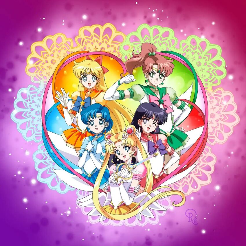 5girls aino_minako bishoujo_senshi_sailor_moon blonde_hair blue_eyes blue_hair brown_hair drachea_rannak earrings gloves green_eyes heart highres hino_rei jewelry kino_makoto long_hair magical_girl miniskirt mizuno_ami multiple_girls one_eye_closed ponytail purple_hair sailor_jupiter sailor_mars sailor_mercury sailor_moon sailor_venus short_hair short_sleeves skirt super_sailor_jupiter_(stars) super_sailor_mars_(stars) super_sailor_mercury_(stars) super_sailor_moon super_sailor_venus_(stars) tsukino_usagi very_long_hair wink