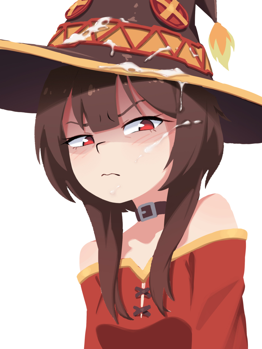 1girl absurdres annoyed artist_name bare_shoulders belt_collar blush brown_collar brown_hair button_eyes buttons collar collarbone cum cum_on_body cum_on_headwear dress facial frown hat highres kono_subarashii_sekai_ni_shukufuku_wo! loli megumin no_lineart off-shoulder_dress off_shoulder red_dress red_eyes short_hair_with_long_locks simple_background solo tobias_wheller upper_body white_background witch_hat